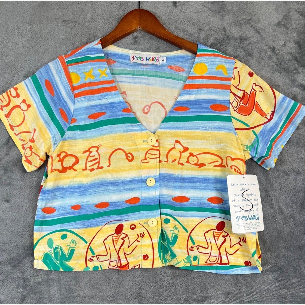 NWT Deadstock Jams World Hawaiian Shirt Womens Small Cropped Dance Man With Cats